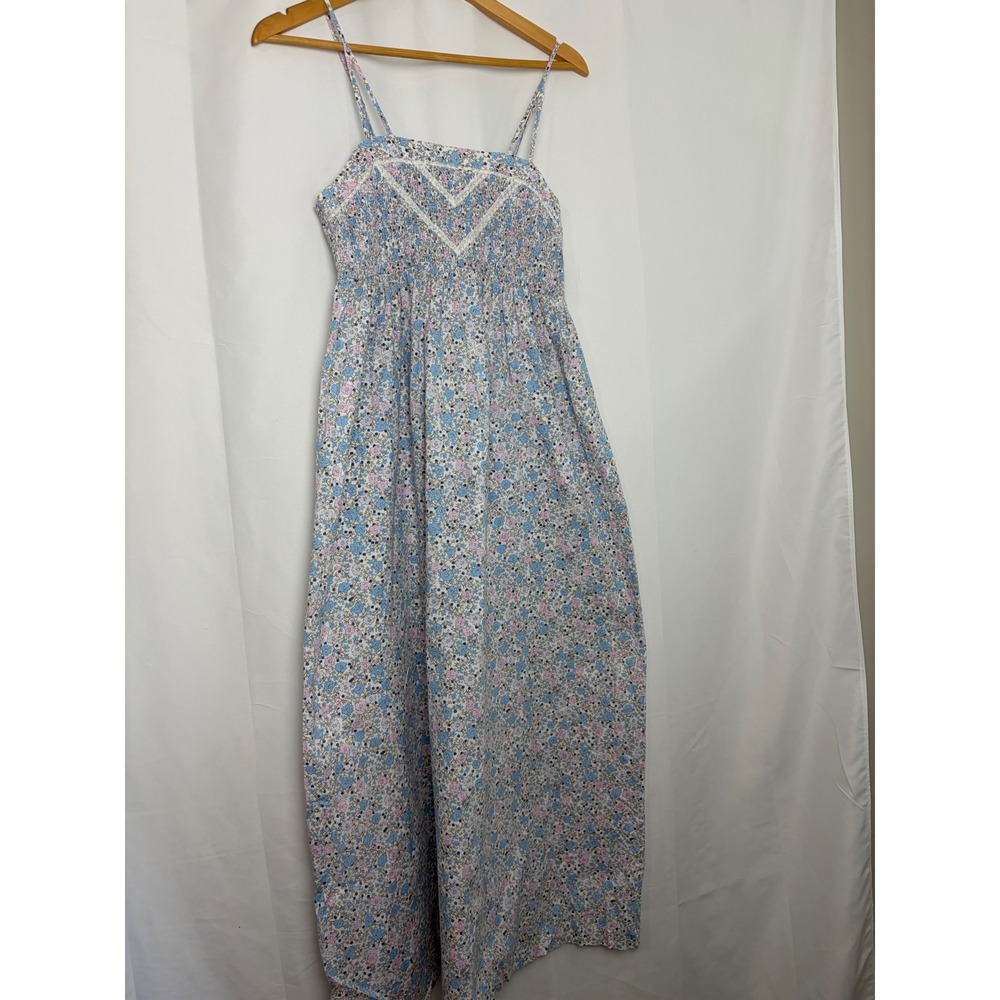 Adonna Blue Pink Floral Cotton Smocked Lace Trim Maxi Nightgown Size M Cottage